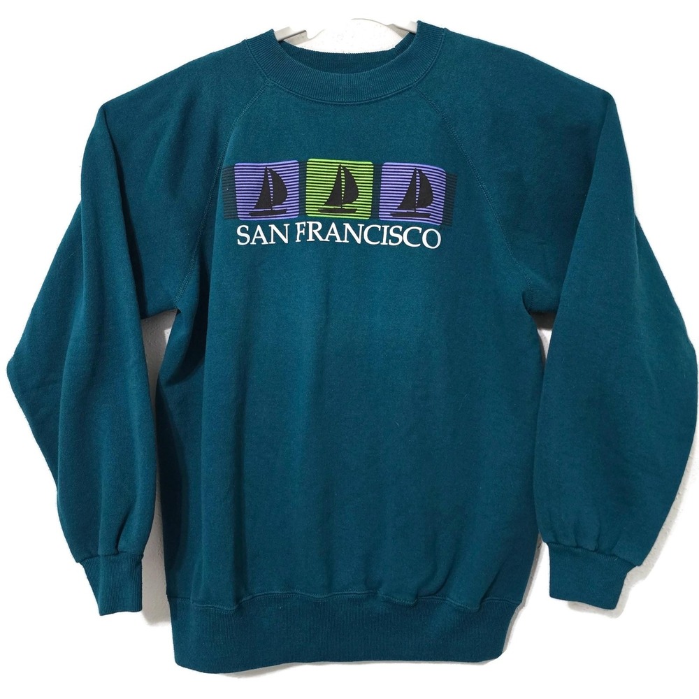 Vintage San Francisco Sweatshirt Mens Large Green Hanes Sailboat Graphic USA 80s